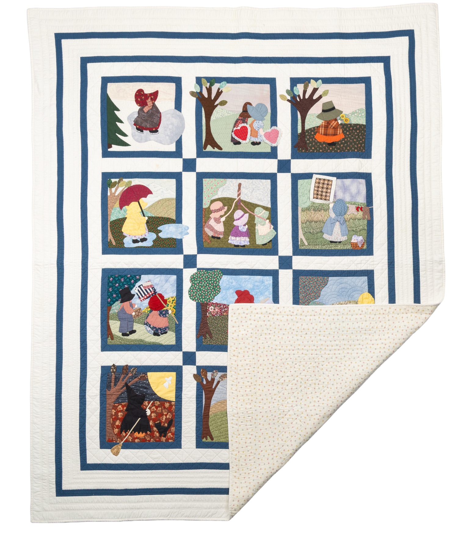 Sun Bonnet, a quilt with twelve seasonal Sunbonnet-figure appliqué scenes, photographed with the backing corner folded open.