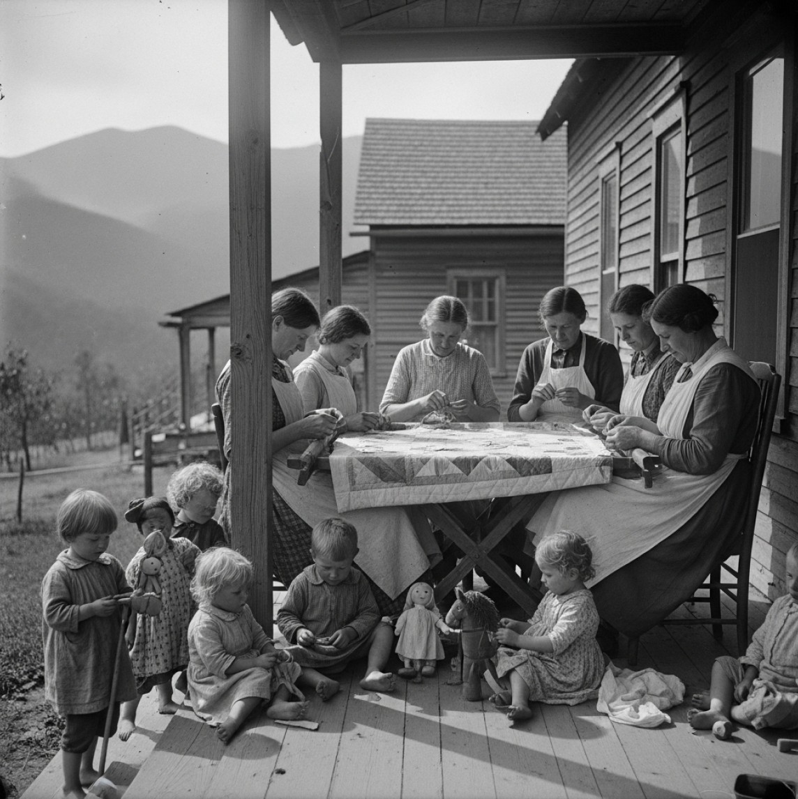 A black-and-white photograph of women quilting together at a frame on a porch, surrounded by children playing with dolls.